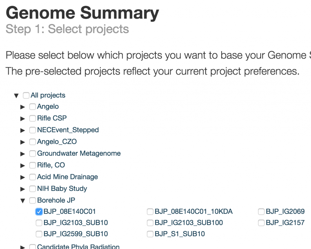Select projects for creating a genome summary.