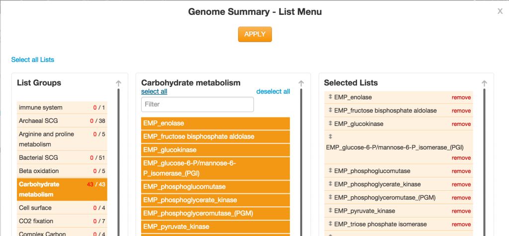 Selecting the list of genes and metabolic functions to characterize the selected genomes.
